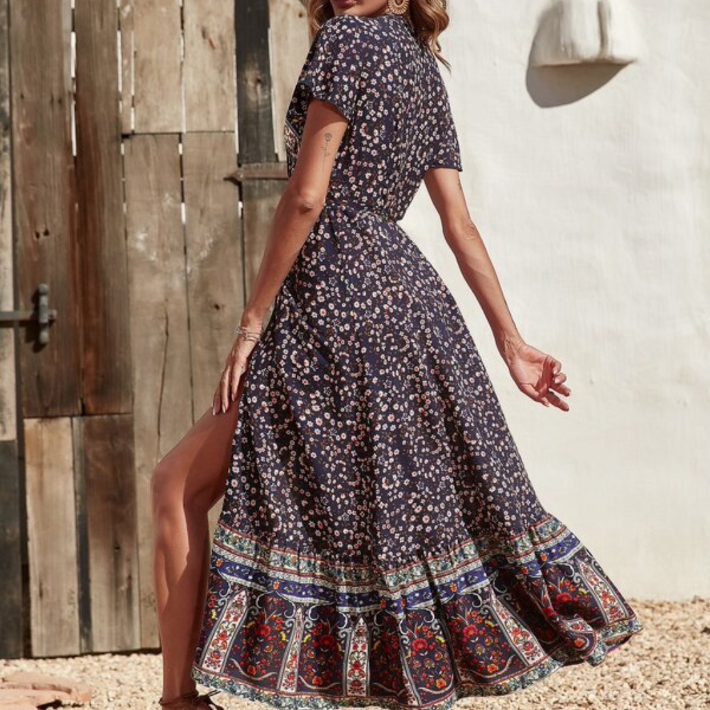 Boho Floral Print Butterfly Sleeve Maxi Dress Cottagecore - Picture 4 of 5